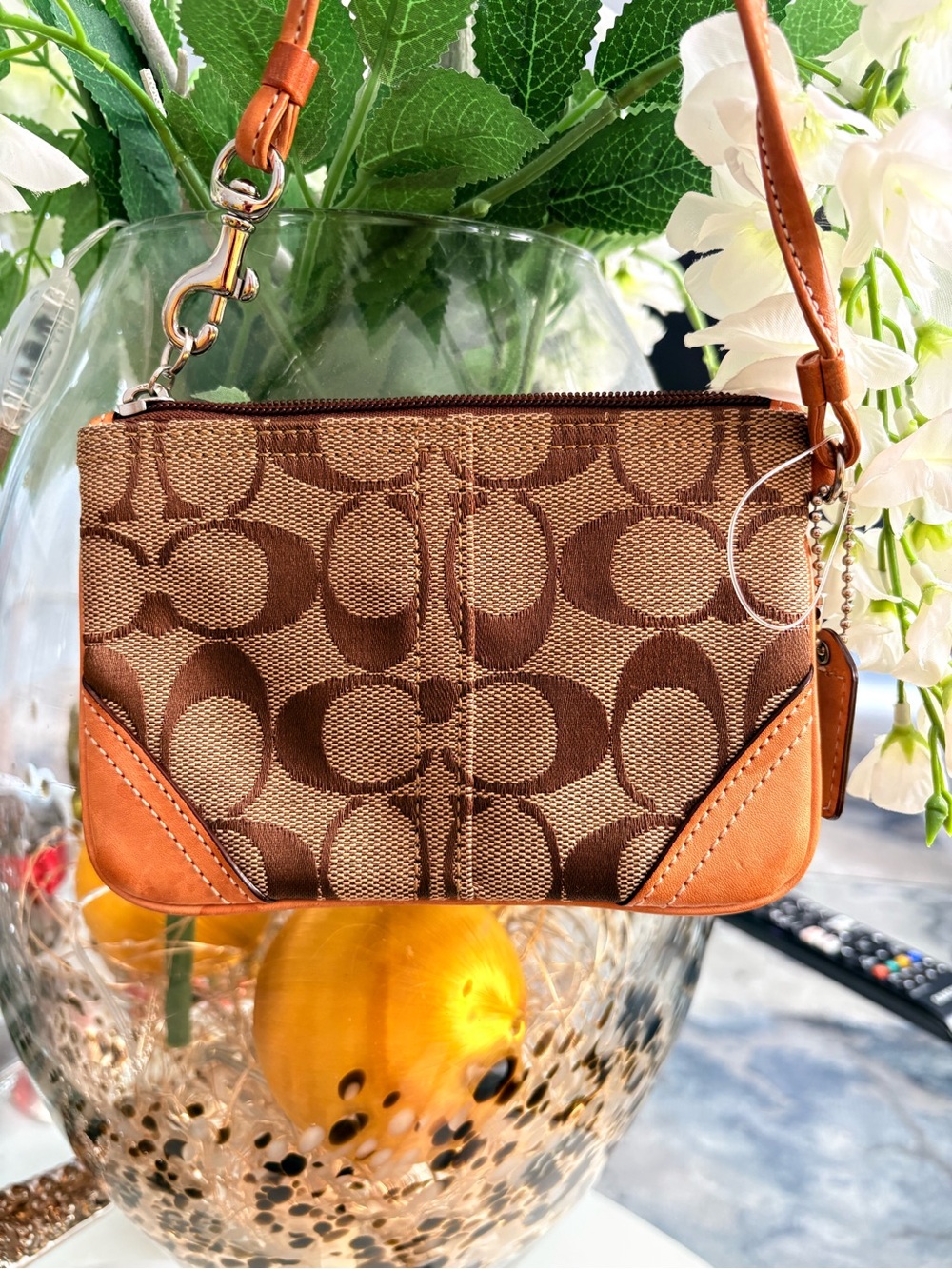 Coach Brown Signature Canvas Wristlet with Tan Leather Trim